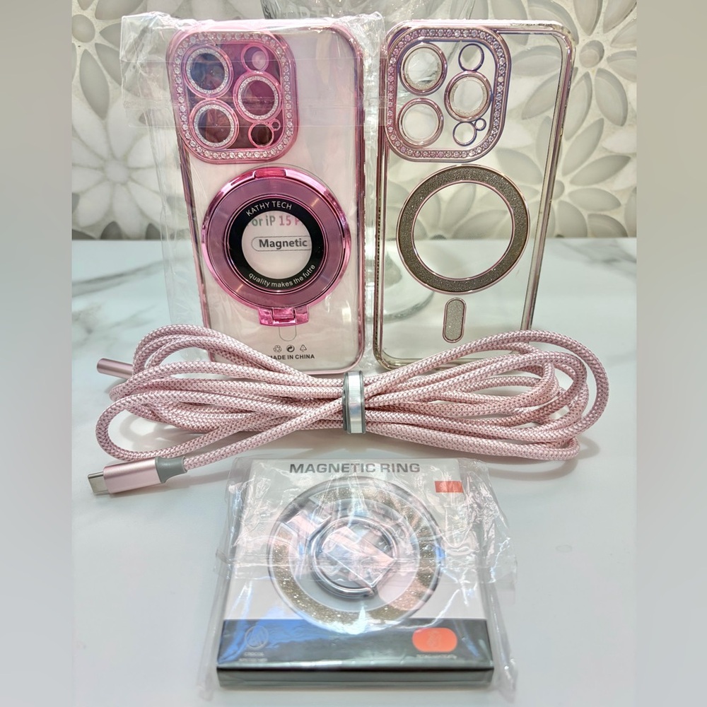 iPhone 15 Pro Magnetic Ring Stand Case, Magnetic Ring Stand & 10’ 100W Cable Set